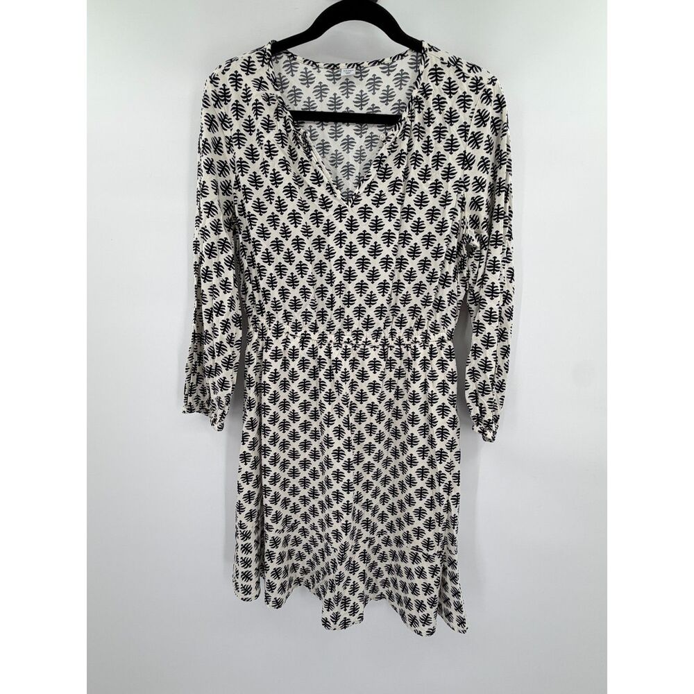Old Navy Women's Medium Black Ivory Leaf Print V Neck 3/4 Sleeve Dress